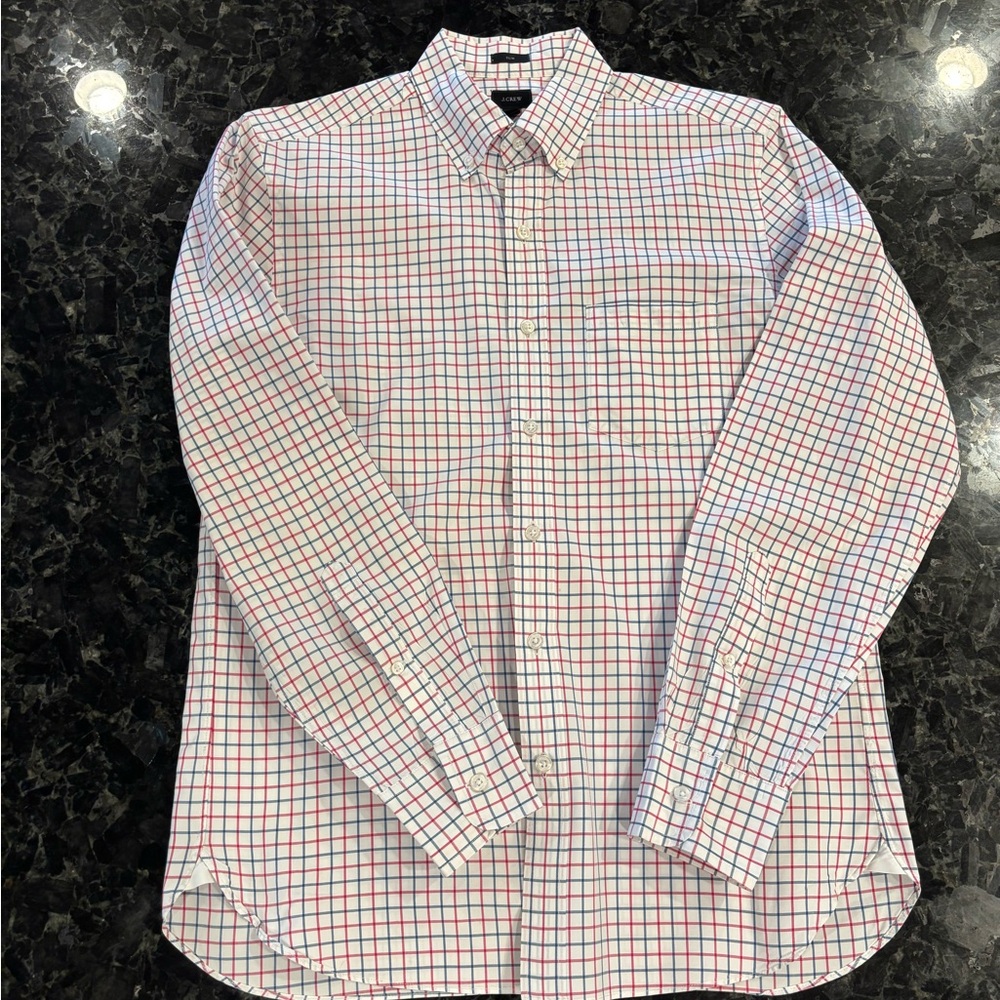 J. Crew Men's White Shirt with Red and Blue Check Pattern